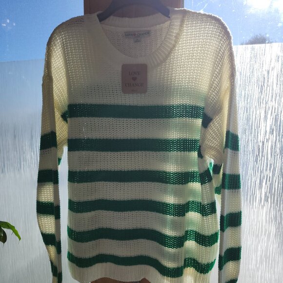 25058 NWT!!! LOVE CHANGE ITALY Kelly Green & White Stripe Sweater 1X - Picture 1 of 10